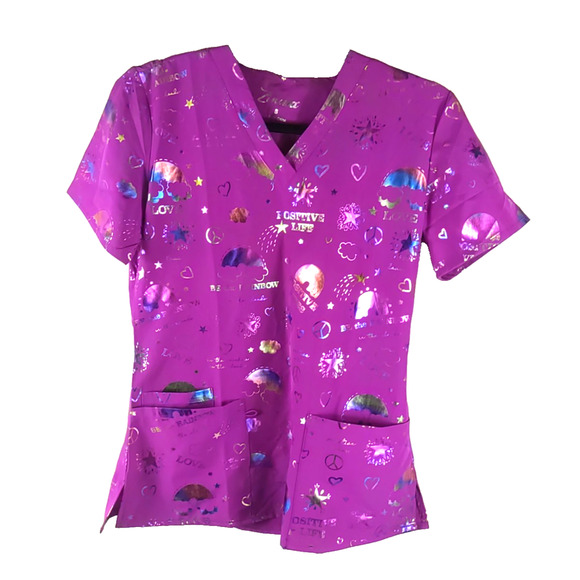 Zinna Tops - Zinnia Women's Scrub Top Size Small Purple Heart Rainbow Clouds Moon Stars